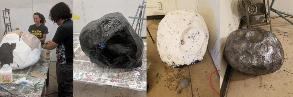 This series of four images shows the making of the papier mache model of the Psyche asteroid, from generic, lumpy shape to finished, detailed asteroid model.