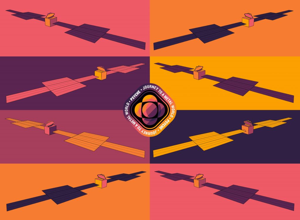 This 8 panel pop-art poster shows a stylized drawing of the Psyche spacecraft in the colors of the Psyche badge (purples, pinks, and oranges).