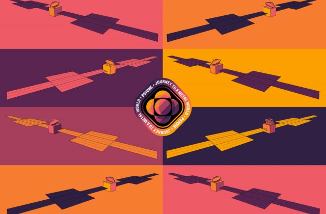 This 8 panel pop-art poster shows a stylized drawing of the Psyche spacecraft in the colors of the Psyche badge (purples, pinks, and oranges).