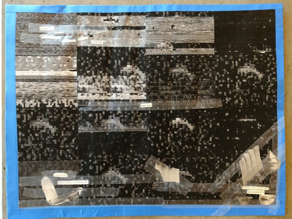This work shows 16 black-and-white pixelated images overlaid with a poem made from words cut from newspapers.