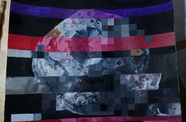 This painting shows a pixelated grey and metallic Psyche asteroid suspended in black space. Painted, pixelated lines of purples, pinks, and greys stripe horizontally across the asteroid.