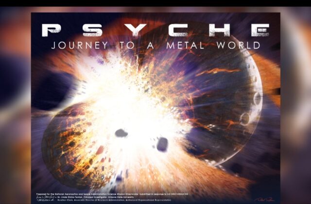 At the top of the image it says "Psyche - Journey to a Metal World" and below are two planets colliding.