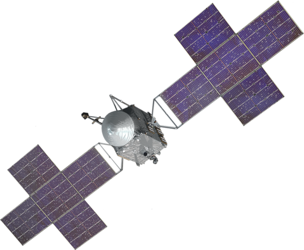Image of the psyche spacecraft. Shows the plus shaped panels attached to the 