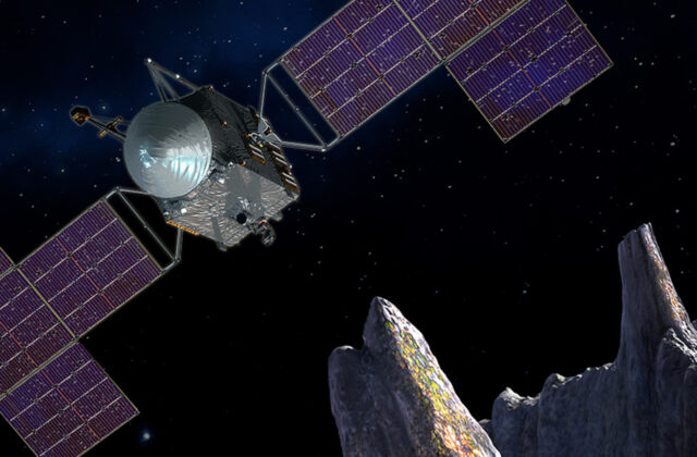 This artist's conception shows a close-up of the Psyche spacecraft against a starry background orbiting above the heavily cratered surface of the Psyche asteroid.
