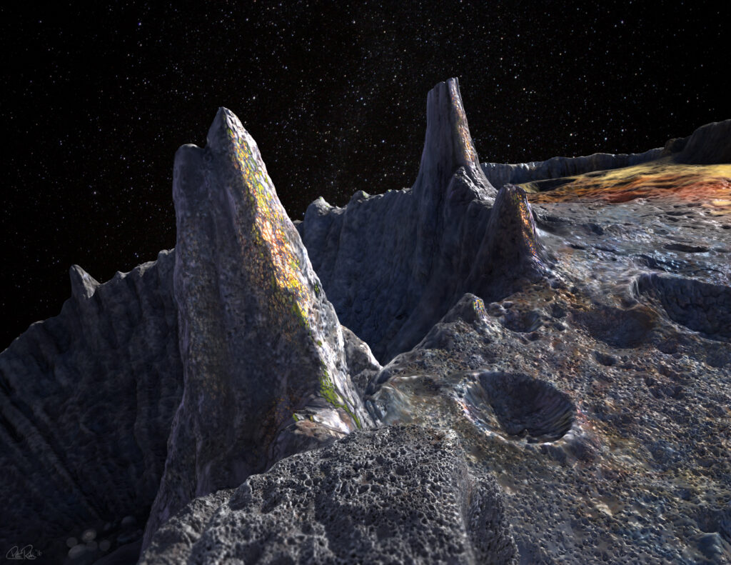 This artist's conception shows a close-up of the heavily cratered surface of the Psyche asteroid.