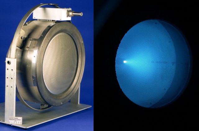 This image shows the engineering model of the NSTAR ion thurster on one half and its glowing, blue xenon plasma on the right.
