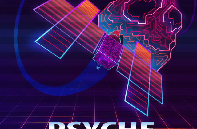 This image shows a stylized drawing of the Psyche spacecraft entering into orbit around the Psyche asteroid. The colors are deep blues and bright pinks and oranges. The words on the poster say Psyche Orbital Insertion.