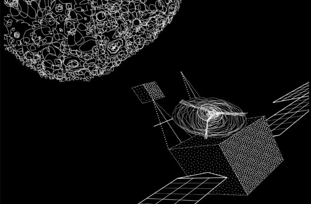 This image shows a black background with white line drawn images of the Psyche asteroid and the Psyche spacecraft and the words 'Journey to a Metal World.'
