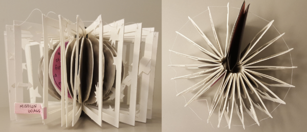This 3D book is made with 23 separate cut-outs of the Psyche asteroid in a mottled gray, suspended in white frames that have stars, arrows, and the Psyche spacecraft on them. When the spine of the book is inverted, it makes a 3D cylinder.