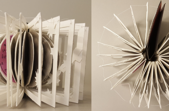 This 3D book is made with 23 separate cut-outs of the Psyche asteroid in a mottled gray, suspended in white frames that have stars, arrows, and the Psyche spacecraft on them. When the spine of the book is inverted, it makes a 3D cylinder.
