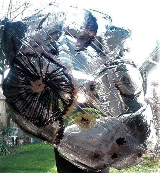 This image shows a large, puffy, silvery custom Mylar balloon with craters and markings drawn on it.