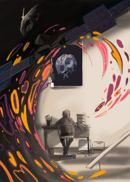This image shows the back of a young person seated at a desk with the Psyche spacecraft and asteroid above and a swirl of colors (golds, oranges, purples, and pinks) surrounding them.