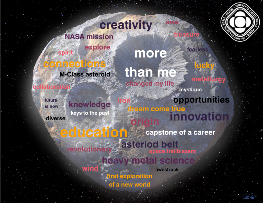 This image shows the artist's rendition of the Psyche asteroid covered with words about the mission (such as "creativity" and "mystique").