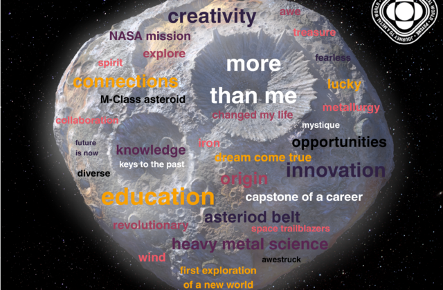 This image shows the artist's rendition of the Psyche asteroid covered with words about the mission (such as "creativity" and "mystique").