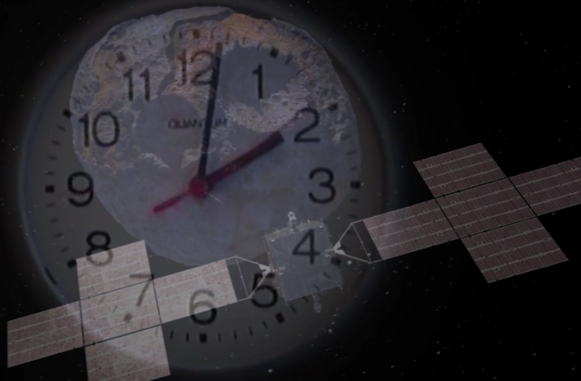 This image shows a frame of the Eye of Psyche video. In this frame, the Psyche spacecraft is approaching the Psyche asteroid, which is superimposed over a clock.