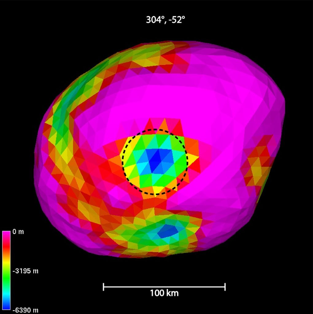 This shows the slightly oblong form of the Psyche asteroid, color-coded for elevation in pinks, reds, oranges, yellos, greens, teals, and blues.