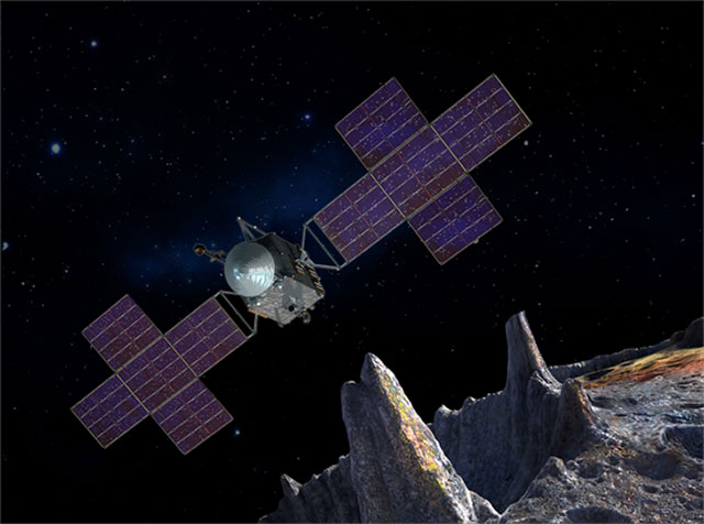 This artist's conception shows the Psyche spacecraft against a starry background orbiting above the heavily cratered surface of the Psyche asteroid.
