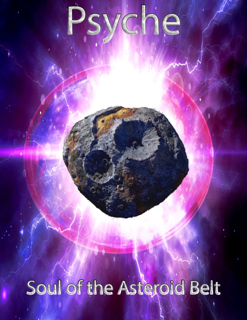 The Psyche asteroid centered in the photo, with "Psyche" written above it and "Soul of the Asteroid Belt" written below in metallic letters. A bright light can be seen behind the asteroid itself, causing an aura to form around Psyche, which is exuding blue and-purple lightning behind it.