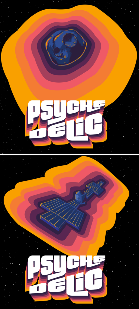 Image 1 shows a big asteroid on a black, space background, while Image 2 shows the Psyche spacecraft on a black space background. Radiating from the asteroid and the spacecraft are colorful yellow, purple, pink, orange concentric shapes. Towards the bottom, the text stylistically conforms to diagonal line slicing through it.