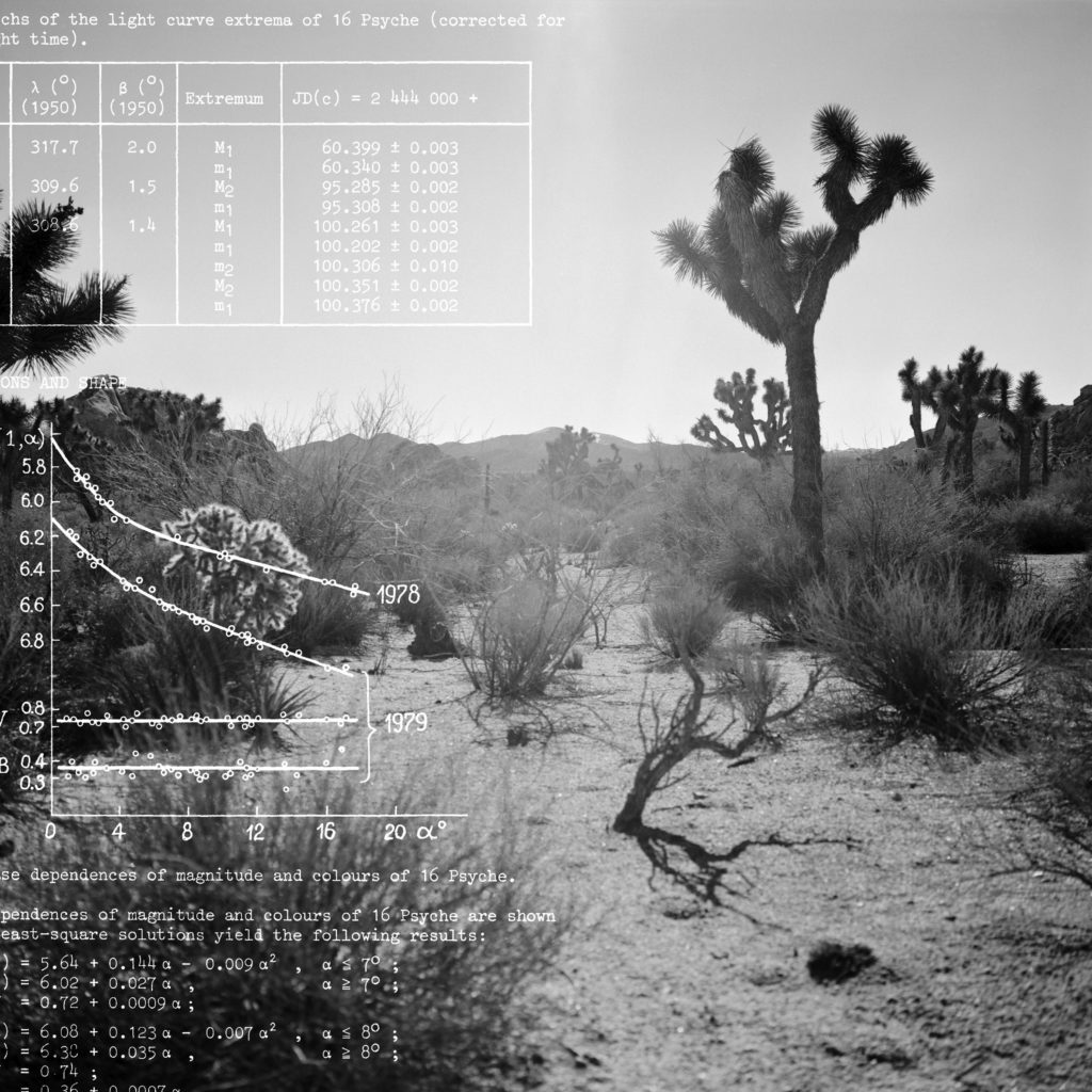 black and white photos of the dessert overlaid with scientific data in white text.