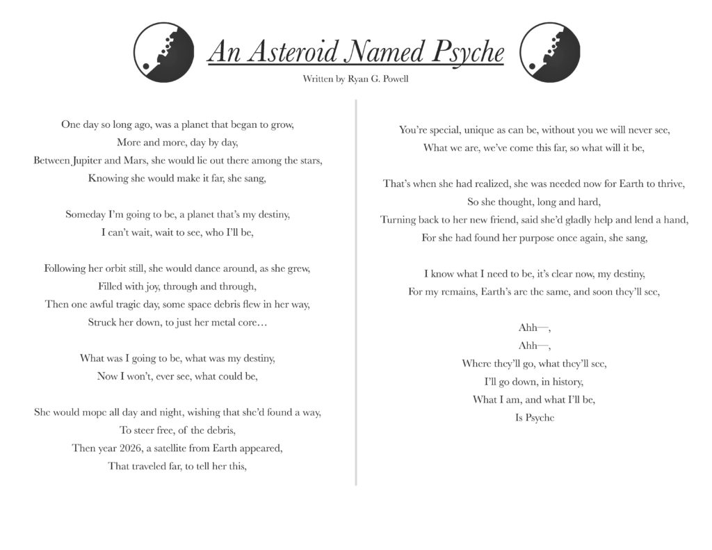 Along with the song is a lyric sheet. The lyric sheet is a one-page, horizontal sheet that contains the title "An Asteroid Named Psyche" in big bold letters at the top of the page. On either side of the title are two small graphics, both the same, of a circular cartoon asteroid in black and white. Underneath the title are the full lyrics, clumped into paragraphs for each separate verse and chorus. There is also a notated lead sheet which contains the notated melody with the chords written above the staff lines and the lyrics written below.