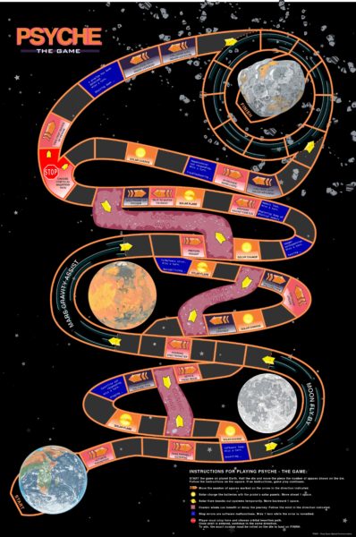 A Psyche board game that shows the Psyche spacecraft's journey through space ending at the Psyche asteroid.