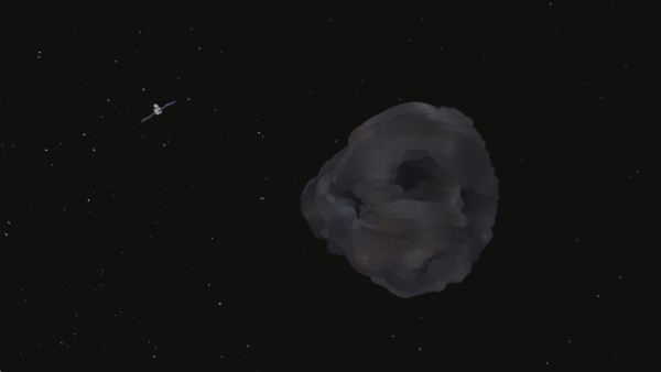 This screenshot shows a gray asteroid on a black background with the Psyche spacecraft nearing it.
