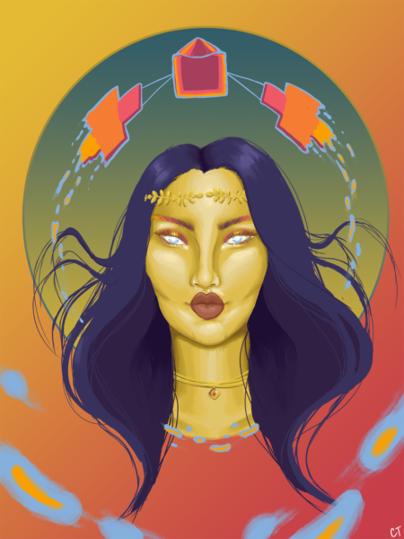 A portrait of a woman with long, dark hair is displayed, adorned by a Greek-style gold leaf headband and a gold choker with the Psyche Mission logo as the pendant. She has blue, pupil-less eyes, with ombre eyebrows and halo-style eye makeup. Floating right above her head is the Psyche Mission's spacecraft, which is surrounded by a blue glow that matches her eye color. The spacecraft appears to melt as it is floating and is meant to add a dynamic touch to the still portrait. The background is simply color gradients that I found to be an appealing addition to the portrait.