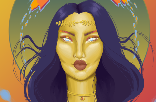 A portrait of a woman with long, dark hair is displayed, adorned by a Greek-style gold leaf headband and a gold choker with the Psyche Mission logo as the pendant. She has blue, pupil-less eyes, with ombre eyebrows and halo-style eye makeup. Floating right above her head is the Psyche Mission's spacecraft, which is surrounded by a blue glow that matches her eye color. The spacecraft appears to melt as it is floating and is meant to add a dynamic touch to the still portrait. The background is simply color gradients that I found to be an appealing addition to the portrait.