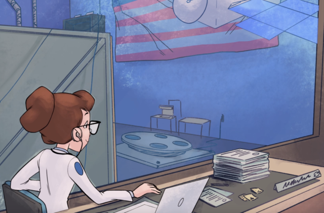 This is an animated loop of a female engineer sits at a desk covered in papers and work, typing on a laptop. Her hair is pulled back in a large bun, she wears glasses and a white lab coat with a dress shirt underneath. After she types on the computer, she spins in her chair, turning to look at the orbiter behind her. It hangs suspended in the large workspace behind her. The orbiter's solar panels then spin and stop. She turns back to her computer to type.