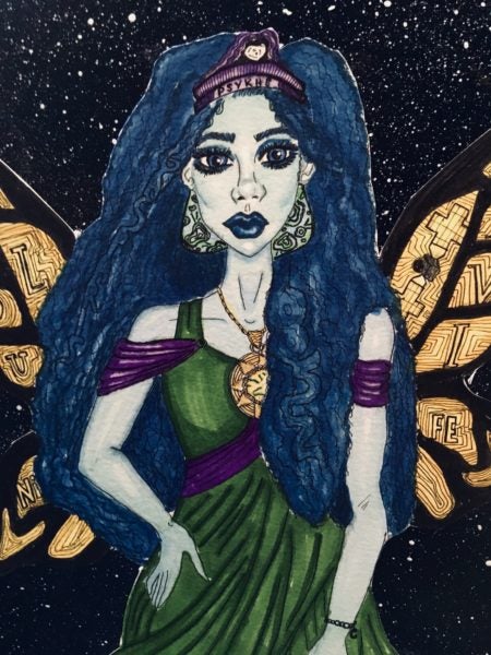 The background of the painting is black with various sized small whites dots to emulate stars. In the center of the painting is a light blue woman with course curly dark blue that flows to her waist. The woman wears a black and purple crown with a white asteroid in the middle and the words Psykhe written across in black lettering identifying her as the goddess. She wears a green flowing dress with purple off-the shoulder sleeves and a purple waist cinch. Her dress is ancient Grecian styled and she wears a big gold necklace paired with green and blue earrings with curved black designs and lines. A small bracelet adorns her hand with a "c" attached to it hinting the goddess myth in which she was Cupid's lover. She has black and gold wings jutting out of her back with black designs in the gold parts of the wing. On the left wing the word soul is spelled as Psykhe is goddess of the soul and "Ni" is seen as the asteroid contains nickel components. On the right wing a small sketch of the psyche spacecraft can be seen as well as roman numerals that equate to 16 as the psyche asteroid is the 16th asteroid to be discovered.