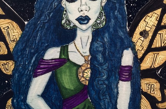 The background of the painting is black with various sized small whites dots to emulate stars. In the center of the painting is a light blue woman with course curly dark blue that flows to her waist. The woman wears a black and purple crown with a white asteroid in the middle and the words Psykhe written across in black lettering identifying her as the goddess. She wears a green flowing dress with purple off-the shoulder sleeves and a purple waist cinch. Her dress is ancient Grecian styled and she wears a big gold necklace paired with green and blue earrings with curved black designs and lines. A small bracelet adorns her hand with a "c" attached to it hinting the goddess myth in which she was Cupid's lover. She has black and gold wings jutting out of her back with black designs in the gold parts of the wing. On the left wing the word soul is spelled as Psykhe is goddess of the soul and "Ni" is seen as the asteroid contains nickel components. On the right wing a small sketch of the psyche spacecraft can be seen as well as roman numerals that equate to 16 as the psyche asteroid is the 16th asteroid to be discovered.