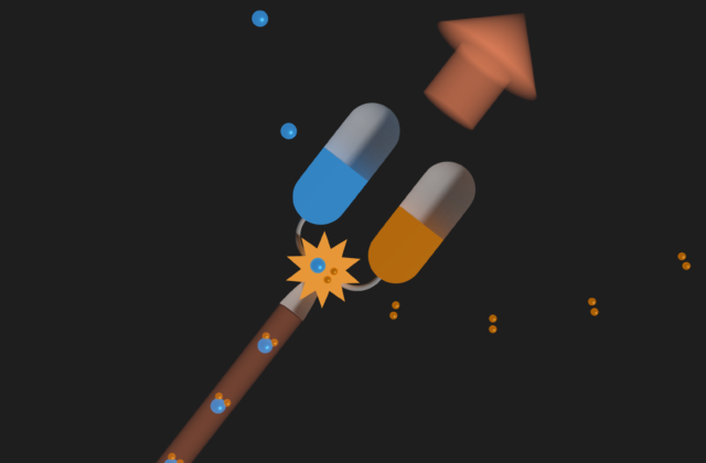 There are blue dots and orange dots flowing together and combining in a starburst shape, creating a long red arrow in one direction and a short but wide red arrow in the other direction. There is an icon of a running hare near the short arrow.