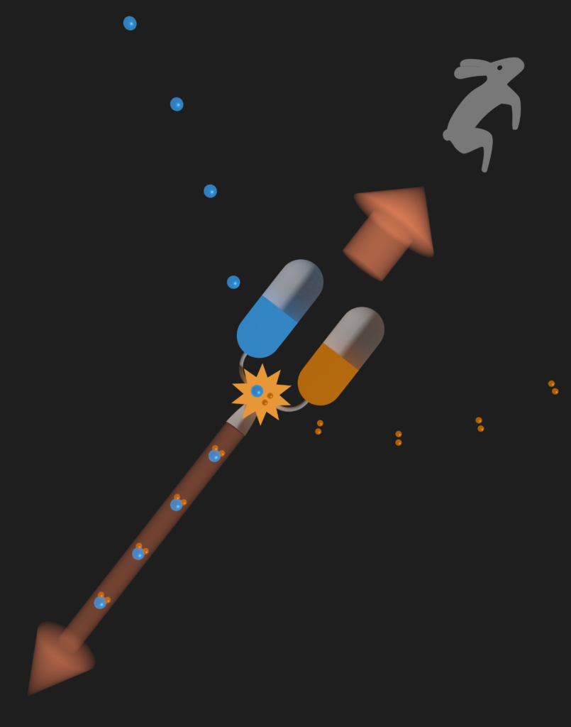 There are blue dots and orange dots flowing together and combining in a starburst shape, creating a long red arrow in one direction and a short but wide red arrow in the other direction. There is an icon of a running hare near the short arrow.