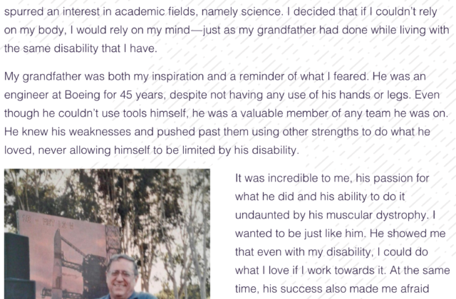 This screenshot shows part of the written blog and a photograph of the author's grandfather.