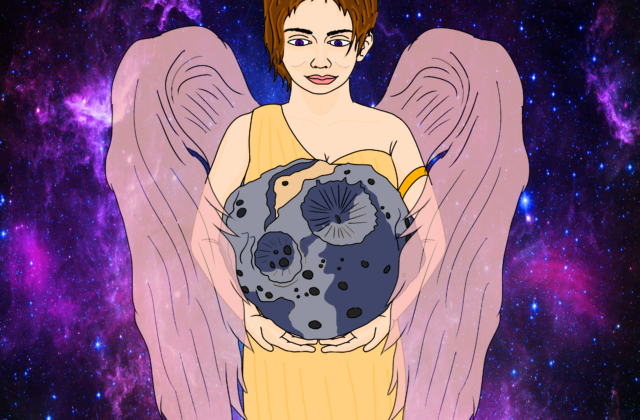 This depicts the Greek Goddess Psyche in which (16)Psyche was named after, holding the asteroid. She is wearing a yellow dress with translucent pink wings, following the color scheme for the Psyche inspired logo.