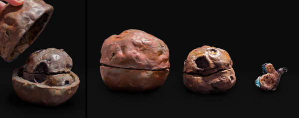 Three sculptures in a row on a black background. The sculpture on the far left is a sphere-like in shape and is painted various shades of brown, it is a planet. It has a seam through the middle. The middle sculpture is more irregular in shape and has craters. It is painted more silver with hints of yellow, it also has a seam through the middle. The sculpture on the far right is of a butterfly. Its wings are up and the outside of the wing is painted various shades of brown with black spots at the top. You can see a little bit of the inside of the wing which is bright blue.