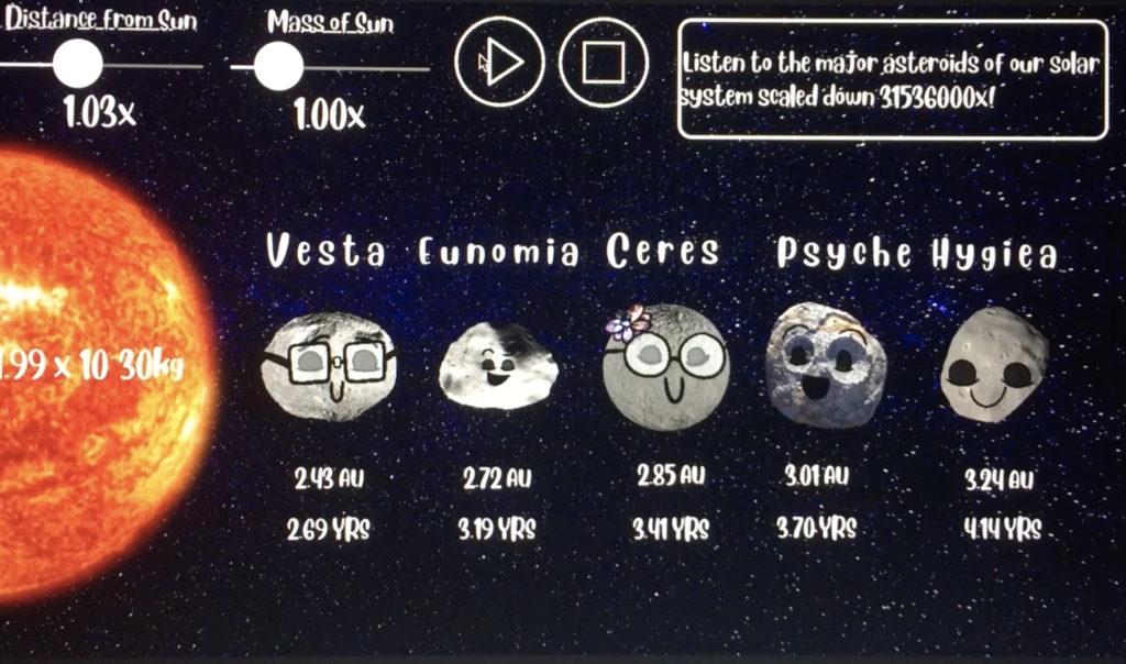 Image of Asteroid Tunes program that shows of different asteroids.