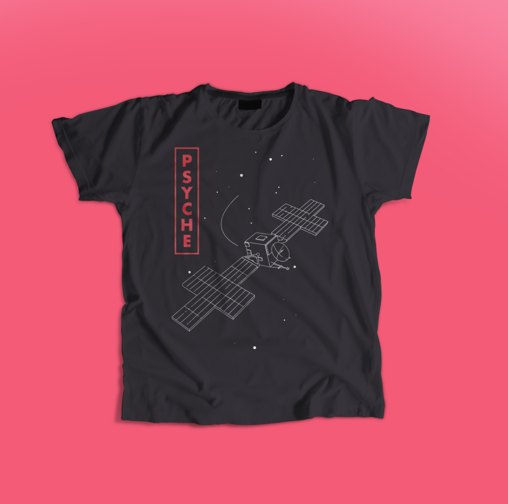 Black psyche shirt with pink text that says psyche and has a white outline of the psyche spacecraft.