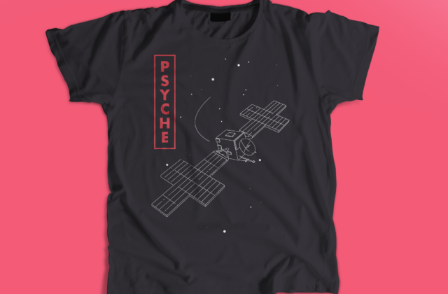 Black psyche shirt with pink text that says psyche and has a white outline of the psyche spacecraft.