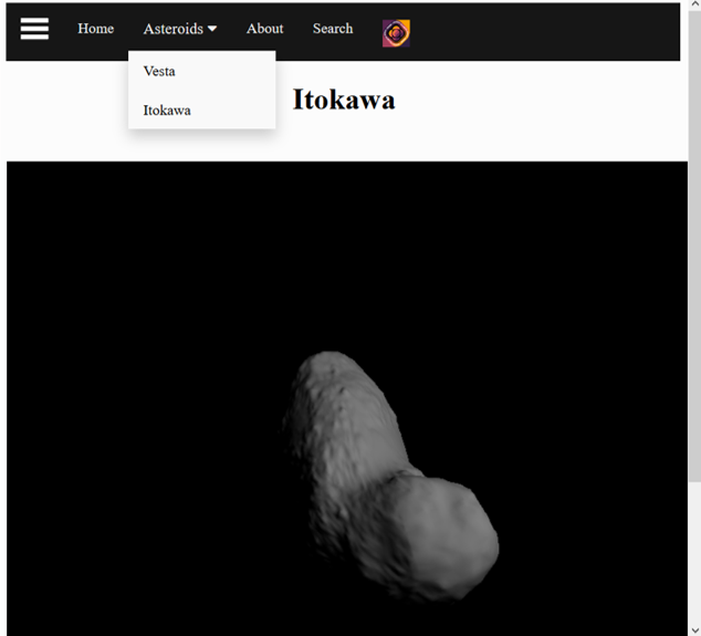This shows a screenshot from the 3D Asteroid Viewer. It shows a black background with an oblong, lumpy grey asteroid (Itokawa) and a drop-down menu to allow you to select another asteroid (Vesta).