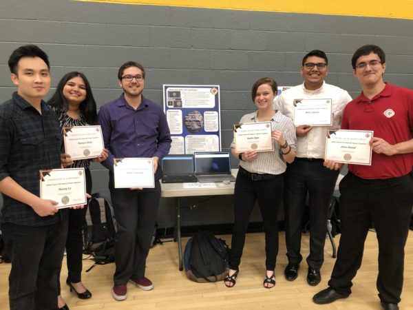 Six undergraduate students standing by their poster holding certificates.