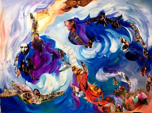 This piece is composed of a swirling blue, purple, yellow, and white background with sweeping wide brushstrokes. Interspersed throughout the artwork are cutouts of magazine pages showcasing happiness on people’s and animals’ faces as well as snippets of cities and machines -- human creations. The entire work mimics the surface of the Psyche asteroid, with its crevices and its streaks of gold running along the top. The collage elements are cut in wave shapes to blend in with the direction of the brushstrokes.