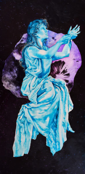 Depiction of a woman dressed in ancient Greek attire holding a lamp. She is super-imposed over a depiction of the Psyche asteroid.