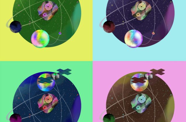 This piece depicts side-by-side copies of the same image in different colors. In each image, the Psyche spacecraft orbits the Psyche asteroid. Around the asteroid are three spheres with formulas written inside. Each image has a space circle background atop a square of matte color. The top left square is yellow, and the top right square is blue. The bottom left square is green, and the bottom right square is pink.