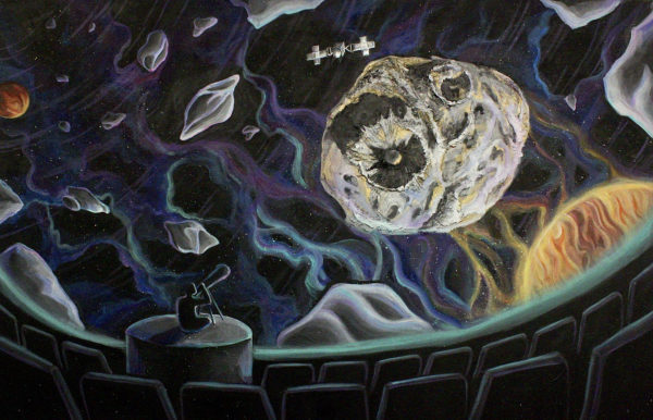 A figure sits on top of a podium looking at the Psyche asteroid through a telescope. The planetarium is showing a detailed view of Psyche with other asteroids. While Mars is in the distance, Jupiter is up close next to Psyche. Psyche has two giant craters carved out of the panel. They are reflecting the colors of the galaxy, along with metallic silver and bronze. The spacecraft is orbiting next to it.