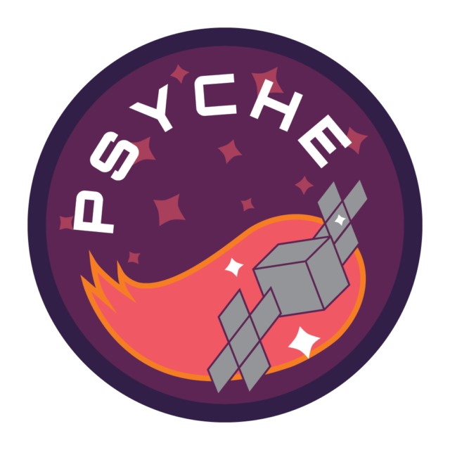 A circular patch depicting the Psyche spacecraft moving through space with the text "Psyche" above it written in white. The spacecraft is followed by a tail of pink and orange. The badge is purple and covered in white and pink stars.
