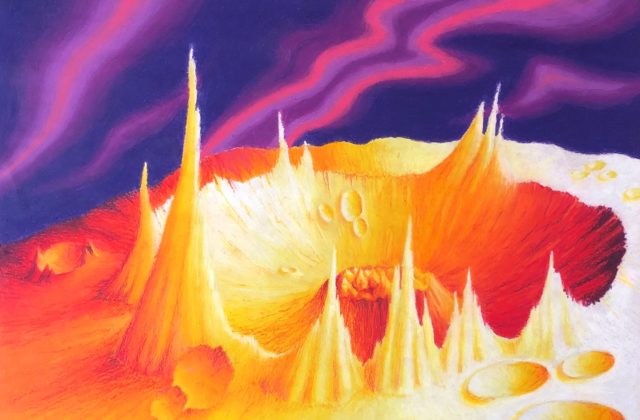 Large peaks rise around edges of a large crater in the center of the piece with small craters surrounding it. Illuminated, the detail of the craggy texture of Psyche’s landscape is emphasized. Shades of white, yellow, and orange create the highlights. Shades of reds and purples form the shadows of the peaks and craters. Purple and pinks waves of light fill the void surrounding the landscape.