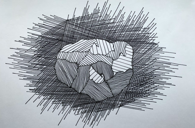 This piece is a simple representation of Psyche with an emphasis on rays of light surrounding the asteroid. The rays extending out from Psyche represent the many different angles from which the asteroid will be observed and analyzed. Lines from varoious angles are drawn to show the Psyche asteroid in all its glory.
