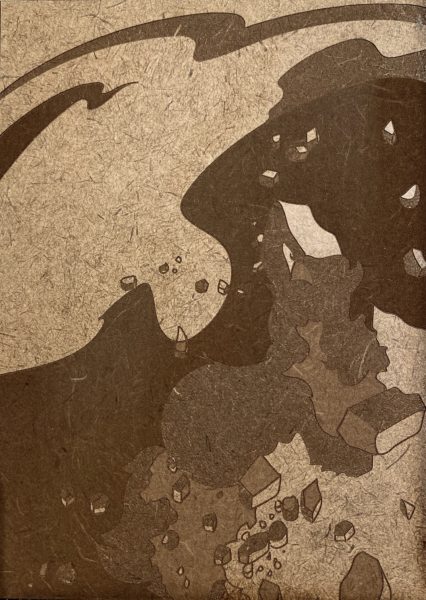 This piece utilizes four shades of a color from the original brown masonite. Psyche is depicted in the lightest shade of brown, and the background (outer space) is the darkest shade of brown. These dark brown areas of the engraved piece are cut a layer deeper into the masonite compared to the other lighter shades of brown. Psyche is seen exploding in the lower right-hand corner, fragmenting into chunks and shards.